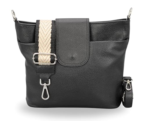 BRISE Damen Umhängetasche ELLIE Handgemachte Crossbody Bag Echtes Leder mit Ledergurt + Optionalen Breiten Gemusterten Riemen 7 Fächer Wasserdichte Made in Italy Schultertasche (Schwarz - 2) von Brise Art