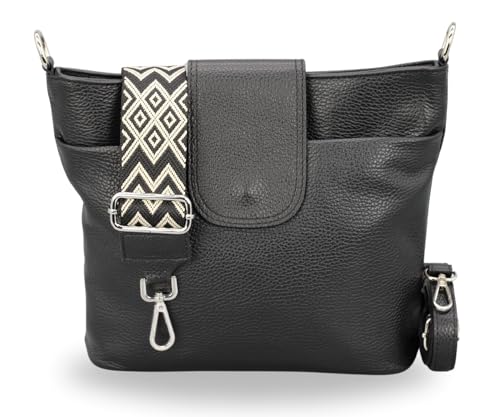 BRISE Damen Umhängetasche ELLIE Handgemachte Crossbody Bag Echtes Leder mit Ledergurt + Optionalen Breiten Gemusterten Riemen 7 Fächer Wasserdichte Made in Italy Schultertasche (Schwarz - 3) von Brise Art