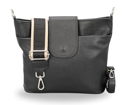 BRISE Damen Umhängetasche ELLIE Handgemachte Crossbody Bag Echtes Leder mit Ledergurt + Optionalen Breiten Gemusterten Riemen 7 Fächer Wasserdichte Made in Italy Schultertasche (Schwarz - 4) von Brise Art