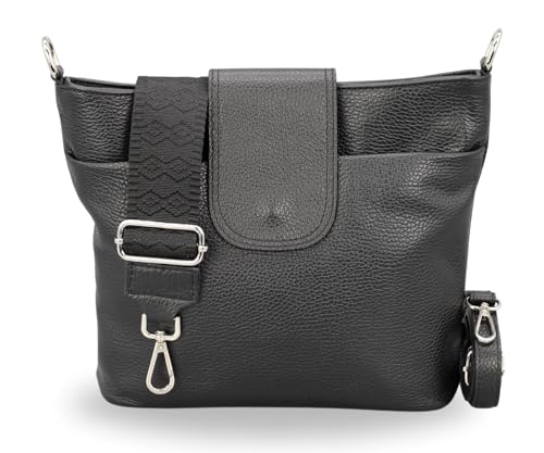 BRISE Damen Umhängetasche ELLIE Handgemachte Crossbody Bag Echtes Leder mit Ledergurt + Optionalen Breiten Gemusterten Riemen 7 Fächer Wasserdichte Made in Italy Schultertasche (Schwarz - 5) von Brise Art