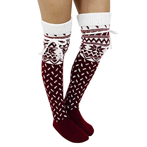 Briskorry Damen Kniestrümpfe Gestrickte Schneeflocken Wollsocken Overknee Fleece Strümpfe, Weihnachten Lange Socken Thigh High Socks Winter von Briskorry