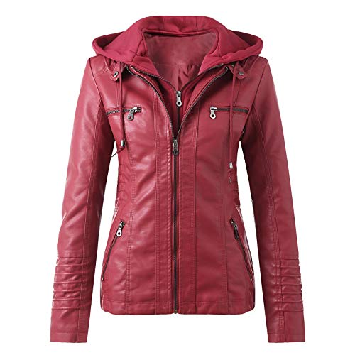 Briskorry Damen Lederjacke Braun Bikerjacke Vintage Kunstlederjacke Elegant Übergangsjacke Motorradjacke Kunstleder Mit Stehkragen Leder Damenjacke Jacket mit Annehmbarer Kapuze von Briskorry