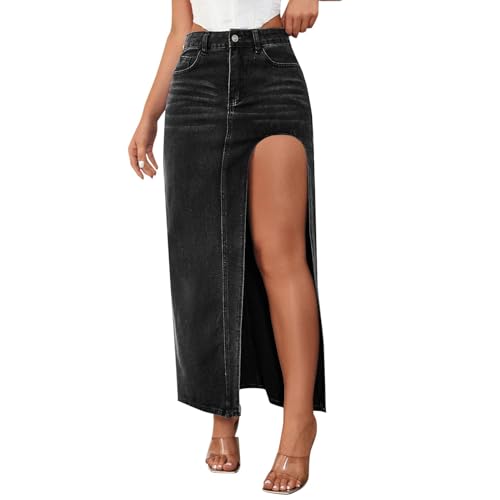 Briskorry Jeansrock Damen Vintage Knopfdekor Seitenschlitz Midirock Midi Röcke mit Vorderem Schlitz High Waist Jeansrock mit Schlitz Hüften Umwickelt Lang Midi Röcke Briskorry Jeansrock Damen Vintage Knopfdekor Seitenschlitz Midirock Midi Röcke mit Vorderem Schlitz High Waist Jeansrock mit Schlitz Hüften Umwickelt Lang Midi Röcke von Briskorry