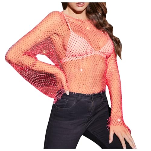 Einzigartige Mesh-Netz-Körperkette, Kristall, langärmelig, Fischernetz, bauchfreies Top, Strass-Cover, T-Shirt, Bluse Damen Sommerkleidung Kurz (Red, S) von Briskorry