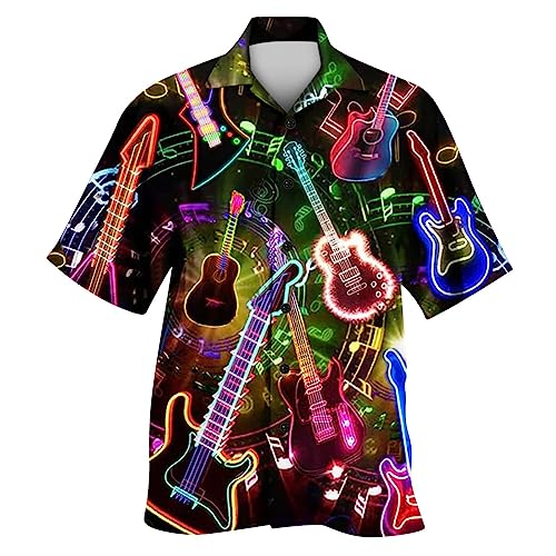 Hawaii Hemd Männer Lustig Hawaiihemd mit Gitarre 3D Druck Männer Kurzarmshirt Lässig Herrenhemd Hawaii-Print Sommerhemd Kurzarm Kurzarmhemd Revers Strandhemd Atmungsaktiv Freizeithemd von Briskorry