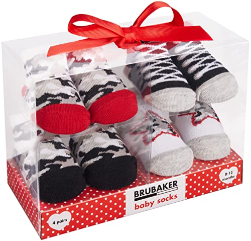 BRUBAKER 4 Paar Babysocken Jungen 0-12 Monate - Baby Geschenkset für Neugeborene in Geschenkverpackung mit Schleife - Camouflage Rot Schwarz Weiß von BRUBAKER