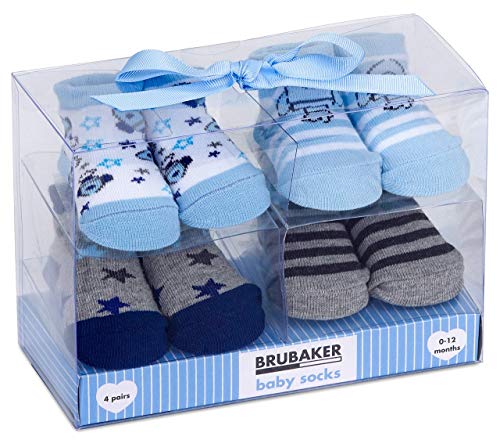 BRUBAKER 4 Paar Babysocken Jungen Mädchen 0-12 Monate - Baby Geschenkset für Neugeborene in Geschenkverpackung mit Schleife - Raketen und Sterne von BRUBAKER