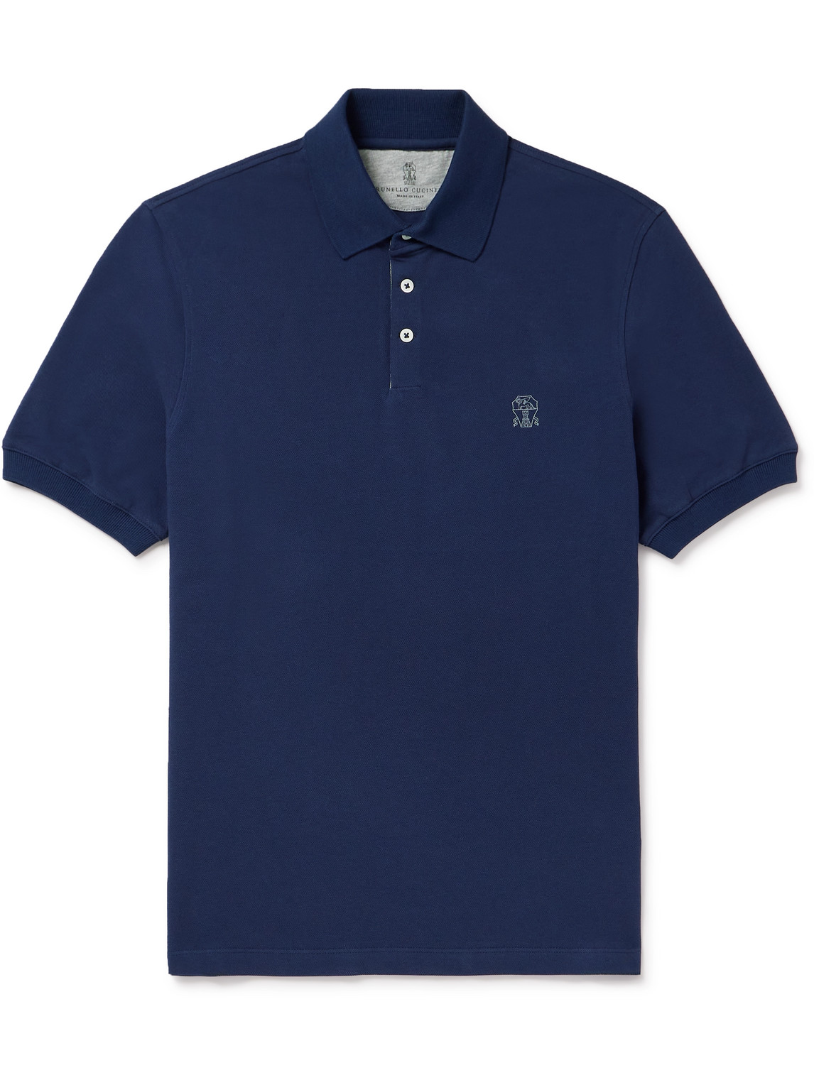 Brunello Cucinelli - Logo-Print Cotton-Piqué Polo Shirt - Men - Blue - S von Brunello Cucinelli