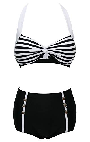 Bslingerie® Damen-Bikini, Retro, Vintage, Push-Up, hohe Taille, Übergröße, Streifen – Schwarz, 50 von Bslingerie