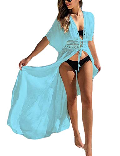 Bsubseach Strandkleid Bademode Kimono Sommer Kurzarm Beach Cardigan Long Cover Ups für Damen Hellblau von Bsubseach