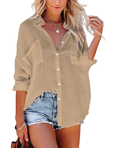 Bsubseach Button Down Swim Cover Up Shirt Sexy Langarm Strand Bluse Strandkleid für Damen Khaki von Bsubseach