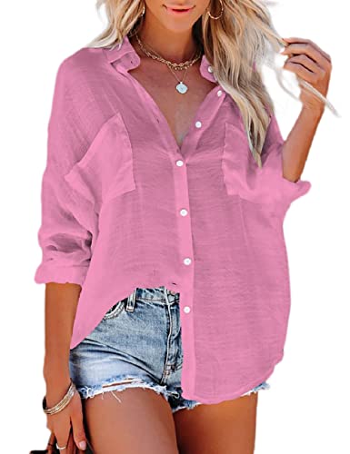 Bsubseach Button Down Swim Cover Up Shirt Sexy Langarm Strand Bluse Strandkleid für Damen Rosa von Bsubseach