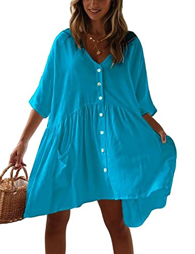 Bsubseach Casual Beach Swim Cover Up Damen Button Down Shirt mit Tasche Badeanzug Bikini Coverups Hellblau von Bsubseach