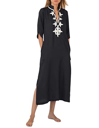 Bsubseach Casual Caftans für Damen V-Ausschnitt Stickerei Kaftan Kleider Cover Ups mit Tasche Schwarz von Bsubseach