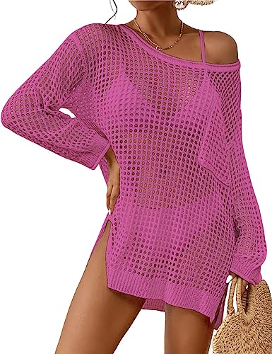 Bsubseach Gehäkelte Strandabdeckung für Frauen Hohl aus Badeanzug Coverup Langarm Gestrickt Crop Top Rose Rot von Bsubseach