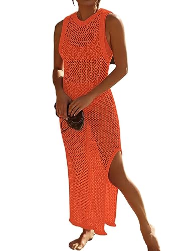 Bsubseach Crochet Cover Ups für Bademode Frauen Hollow Out Badeanzug Coverup Rückenfrei Bikini Strandkleid Orange von Bsubseach