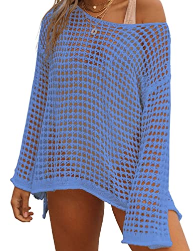 Bsubseach Crochet Crop Tops für Frauen Badeanzug Cover Ups Sexy Hollow Out Swim Cover Up Knit Sommer Outfits Blau von Bsubseach