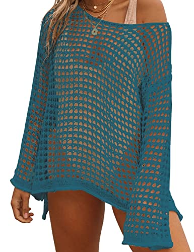 Bsubseach Crochet Crop Tops für Frauen Badeanzug Cover Ups Sexy Hollow Out Swim Cover Up Knit Sommer Outfits Peacock Blau von Bsubseach