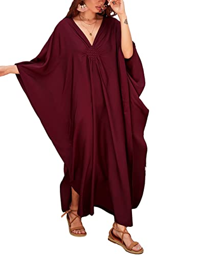 Bsubseach Damen Casual Kaftan Kleid Batwing Sleeve Plus Size Strandkleid Maxi Caftan Kleider Dunkelrot von Bsubseach