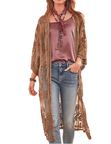 Bsubseach Damen Mesh Lace Beach Kimono Cardigan Open Front Strandponcho Bademode Braun von Bsubseach