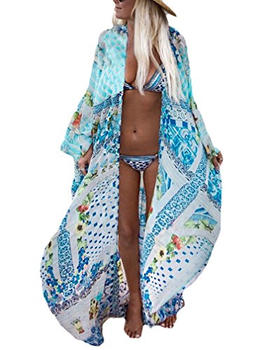 Bsubseach Damen Multicolor Print Lange Chiffon Beach Blusen Cardigan Kimono Bikini Cover Up Bademode Kaftan von Bsubseach