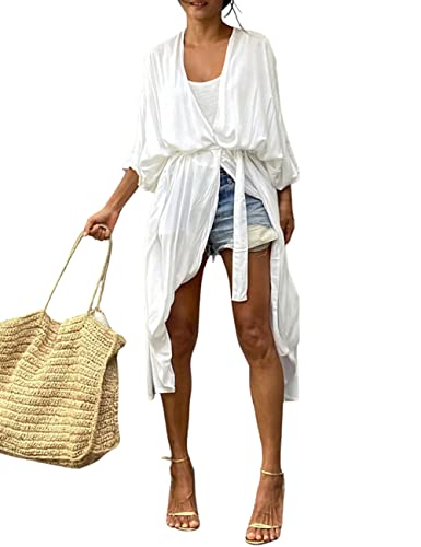 Bsubseach Frauen Lange Strand Badeanzug Cover Ups für Bademode Sexy Bikini Strand Kimono Strickjacke Weiß von Bsubseach