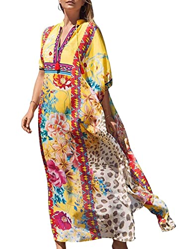 Bsubseach Ethnischer Druck Bikini Cover Up für Bademode Frauen Lange Lose Strand Kaftan Kleid Kaftan Loungewear von Bsubseach