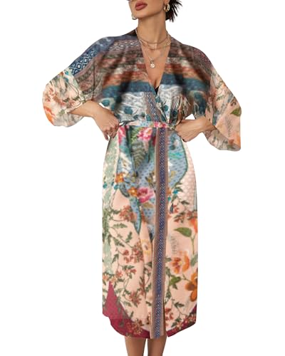 Bsubseach Floral Print Kimono Cardigan Damen Long Sleeve Open Front Badeanzug Beach Cover Up mit Gürtel von Bsubseach