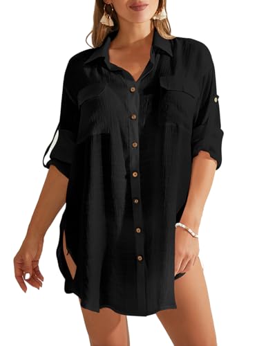 Bsubseach Frauen Badeanzug Cover Up Button Down Strand Bluse Langarm Bikini Coverup Bademode Shirt Schwarz M von Bsubseach