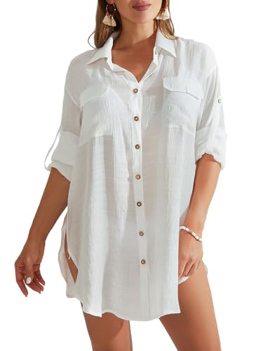 Bsubseach Frauen Badeanzug Cover Up Button Down Strand Bluse Langarm Bikini Coverup Bademode Shirt Weiß S von Bsubseach