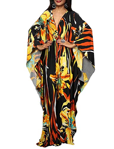 Bsubseach Plus Size Caftan Kleider für Damen Strandkleid Fledermaus Ärmel Sommer Maxi Kaftan Kleid Gelb Floral Print von Bsubseach