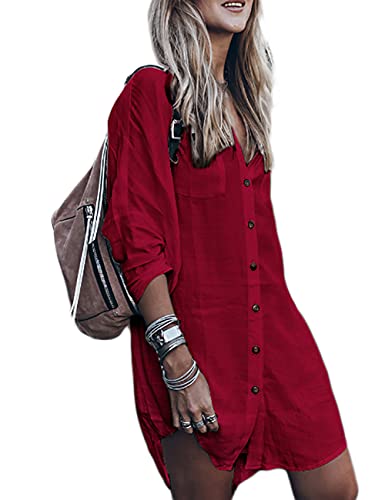 Bsubseach Red Langarm Strandkleid für Damen Loose Button Down Bademode Beach Shirt Tunika Kleid Einheitsgröße von Bsubseach