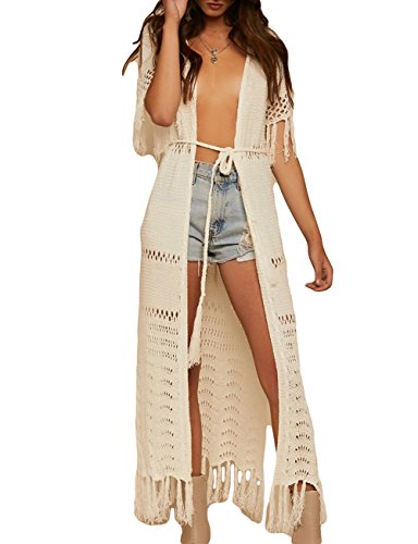 Bsubseach Sexy Beige Häkelquaste Lange Bikini Strandponcho für Damen Hollow Out Bademode Gestrickte Kimono Cover Up von Bsubseach