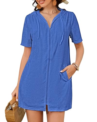 Bsubseach Terry Cloth Badeanzug Cover Up für Frauen Reißverschluss Hooded Bademantel Strand mit Taschen Sommer Blau S Bsubseach Terry Cloth Badeanzug Cover Up für Frauen Reißverschluss Hooded Bademantel Strand mit Taschen Sommer Blau S von Bsubseach