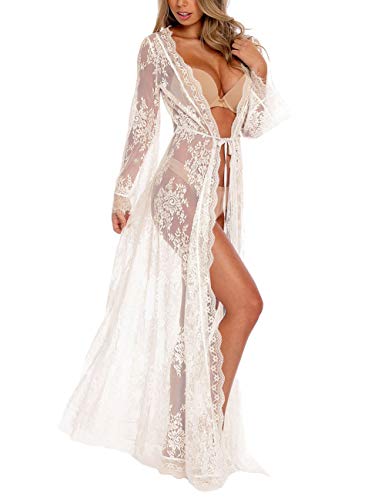 Bsubseach White Lace Long Sleeve Beach Kimono Cover Up für Damen Bikini Swimsuit Cover Ups Swimwear Cardigan von Bsubseach