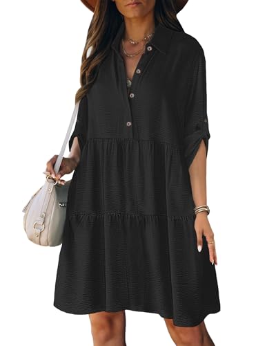 Bsubseach Womens Casual Kleider Button Down 3/4 Ärmel Sundresses A-Line Ruffled Shirt Dress Spring Outfits Schwarz L Bsubseach Womens Casual Kleider Button Down 3/4 Ärmel Sundresses A-Line Ruffled Shirt Dress Spring Outfits Schwarz L von Bsubseach