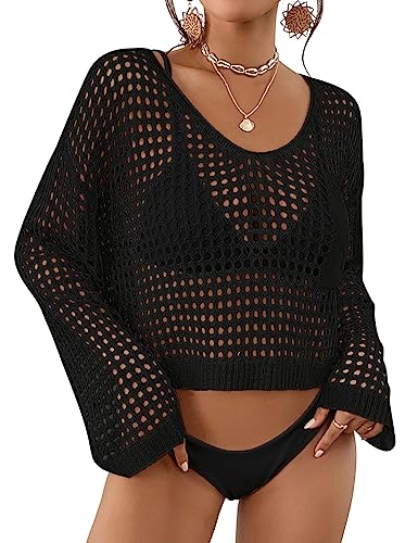 Bsubseach Damen Crochet Crop Top Strand Badeanzug Cover Up Langarm Hollow Out Badeanzug Cover Ups Sommer Outfits Schwarz von Bsubseach