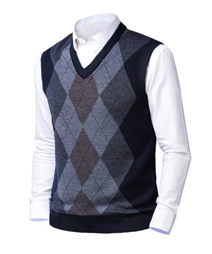 Btmpmcs Herren West Strickweste Pullunder Dick Ärmellose V-Ausschnitt Argyle Pullover Slim Fit Classic Business Gentleman Strickwaren Strick Weste Herbst Winter Wollweste für Männer von Btmpmcs