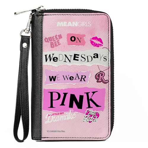 Buckle-Down Paramount Geldbörse mit umlaufendem Reißverschluss, Mean Girls Plastics Quotes Collage Pink, veganes Leder, Pink, 7.5"x4.5", Casual von Buckle-Down