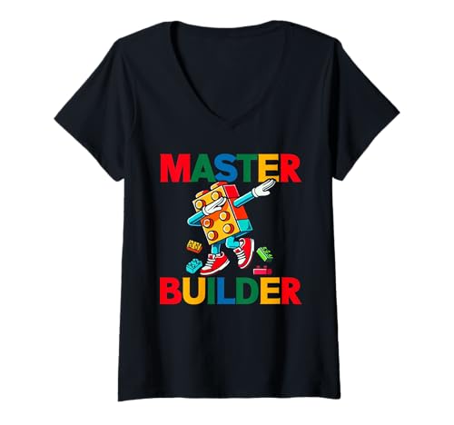 Damen Master Builder Dabbing Boy Bausteine Ziegelbauer T-Shirt mit V-Ausschnitt Damen Master Builder Dabbing Boy Bausteine Ziegelbauer T-Shirt mit V-Ausschnitt von Building Bricks Construction Toys Block Collectors