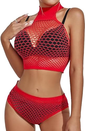 Buitifo Damen Dessous-Sets Sexy Lingerie Fischnetz Sexy Bodys Nachtwäsche (Red TWB,M) von Buitifo