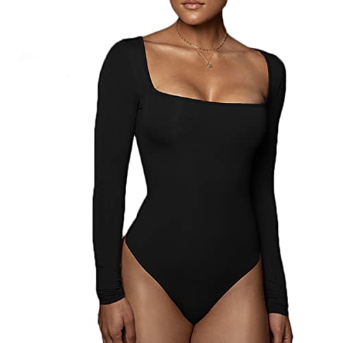 Buliezy Body Dame Langarm Bodysuits mit Elegant Slimming Jumpsuit Stringbody Dünnes Vlies Warm Unterhemden,Schwarz,M von Buliezy