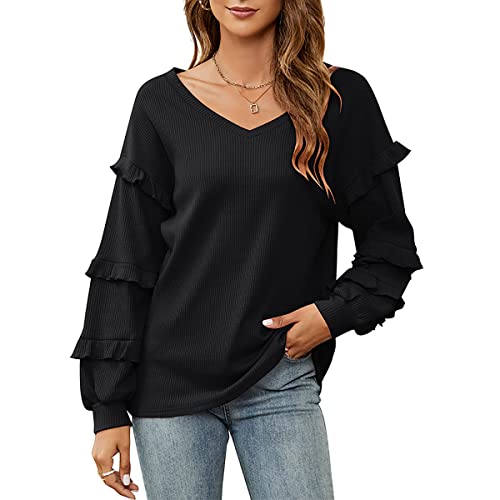 Buliezy Dame Sweatshirt Longshirt Waffel Pullover Bluse Beiläufig V-Ausschnitt Strickpullover Casual Loose Elegant Oberteile Tunika Tops,Schwarz,S von Buliezy