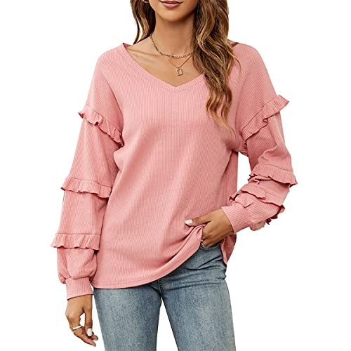 Buliezy Dame Sweatshirt Longshirt Waffel Pullover Bluse Beiläufig V-Ausschnitt Strickpullover Casual Loose Elegant Oberteile Tunika Tops,rosa,S von Buliezy