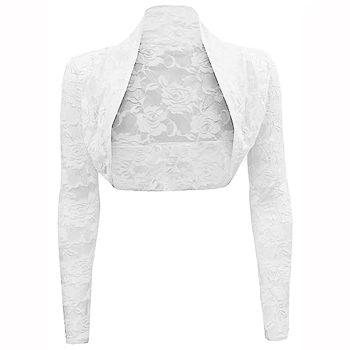 Buliezy Damen Bolero Spitzen Strickjacke 3/4 Sleeves Ärmel Festlich Bolerojacke Elegant Kurz Strickjacke Für Hochzeit Cocktailkleid,weiß L von Buliezy