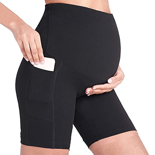 Buliezy Schwarze Umstands-Yoga-Shorts, hoch über Bump, Shapewear hohe Taille, Nahtlose Unterstützung, weiche aktive Schwangerschafts-Höschen mit Handy-Taschen S Schwarz von Buliezy