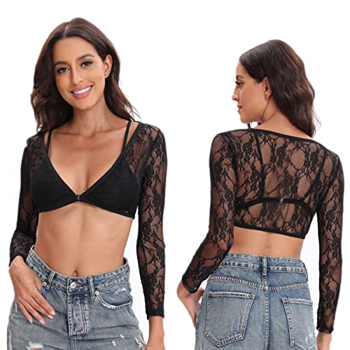 Buliezy Damen Crop Top Durchsichtig Oberteil Mesh Bauchfrei Oberteil Tops Netzstoff Shirt Frauen Spitze Ärmel Sommer Tiefen V-Ausschnitt, Vorne Offen Elastisch Sexy Spitze Futter von Buliezy