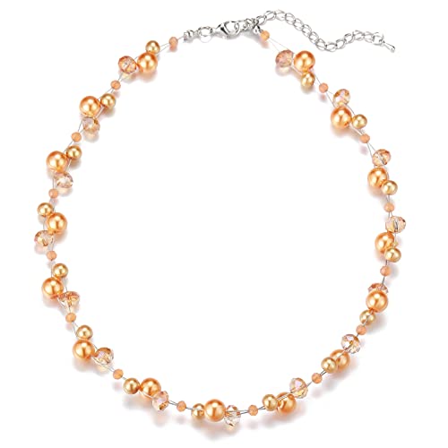 Bulinlin Damen Kristall Perlenkette Silber Boho Statement Choker Halskette für Frauen Modeschmuck Geburtstagsgeschenke（Orange） von Bulinlin