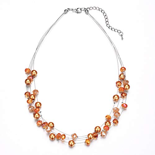 Bulinlin Damen Silber Perlenkette mit Kristall Statement Mehrreihige Boho Choker Halskette Modeschmuck Geburtstagsgeschenke für Frauen（15-Orange） von Bulinlin