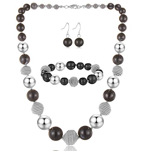 Bulinlin Perlen Damen Schmuck Set Silber Choker Halskette Ohrringe Creolen Statement Modeschmuck Weihnachtsgenchenke für Frauen(Black) von Bulinlin